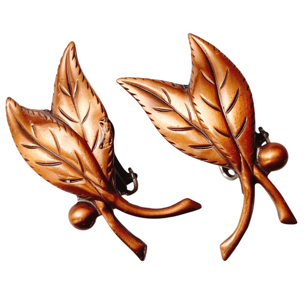 VTG Clip On Earrings Signed Copper Bell 1950s Leaf Figural Mid Century Jewelry